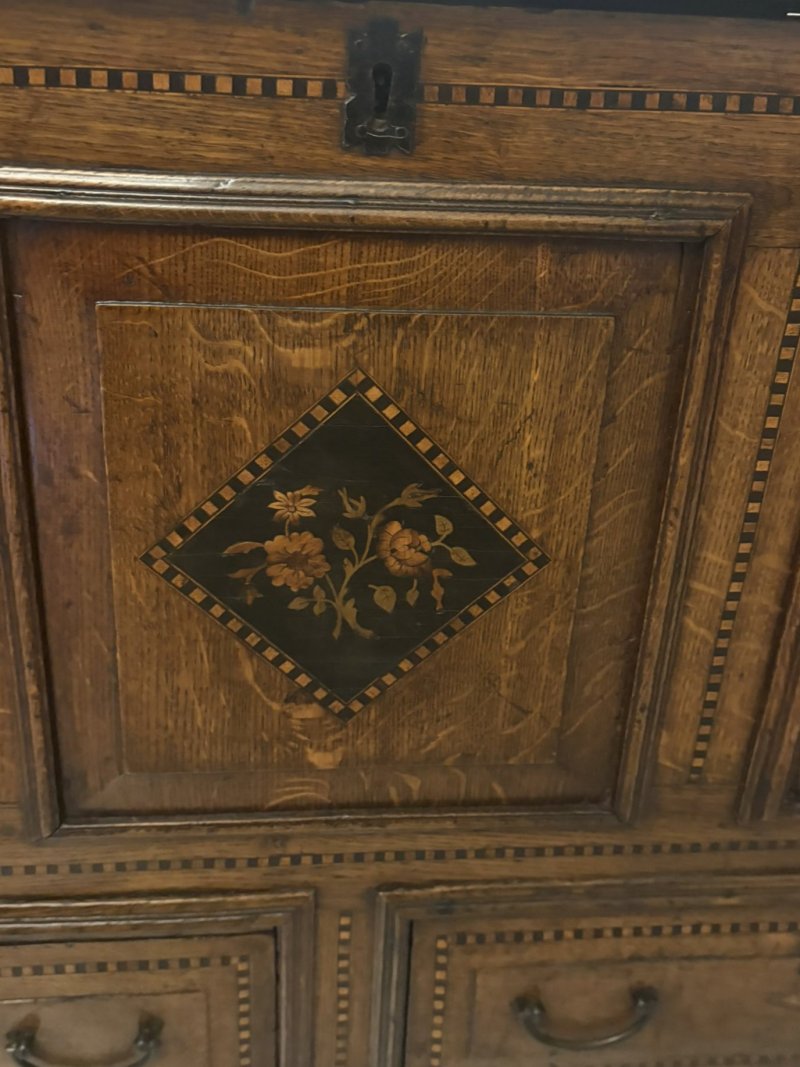 Exceptional Quality 17th Century Antique Oak Mule Chest with Marquetry Inlay